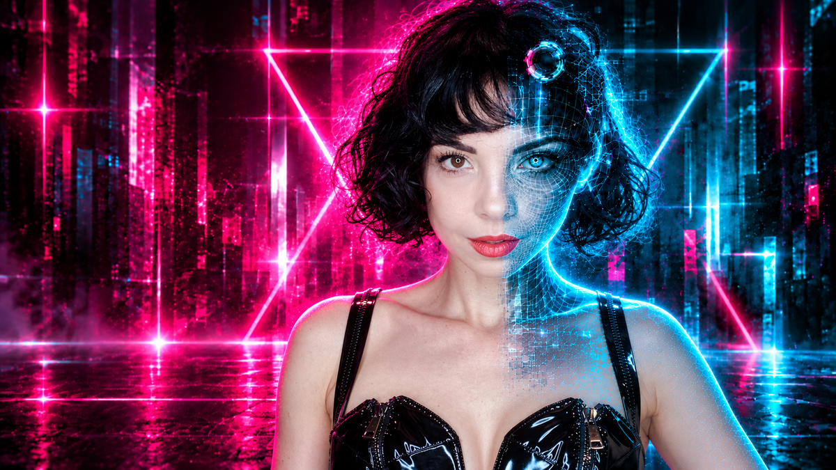Justine Daaé, portrait mi-humain mi-cyborg sur un fond cyberpunk rose et bleu